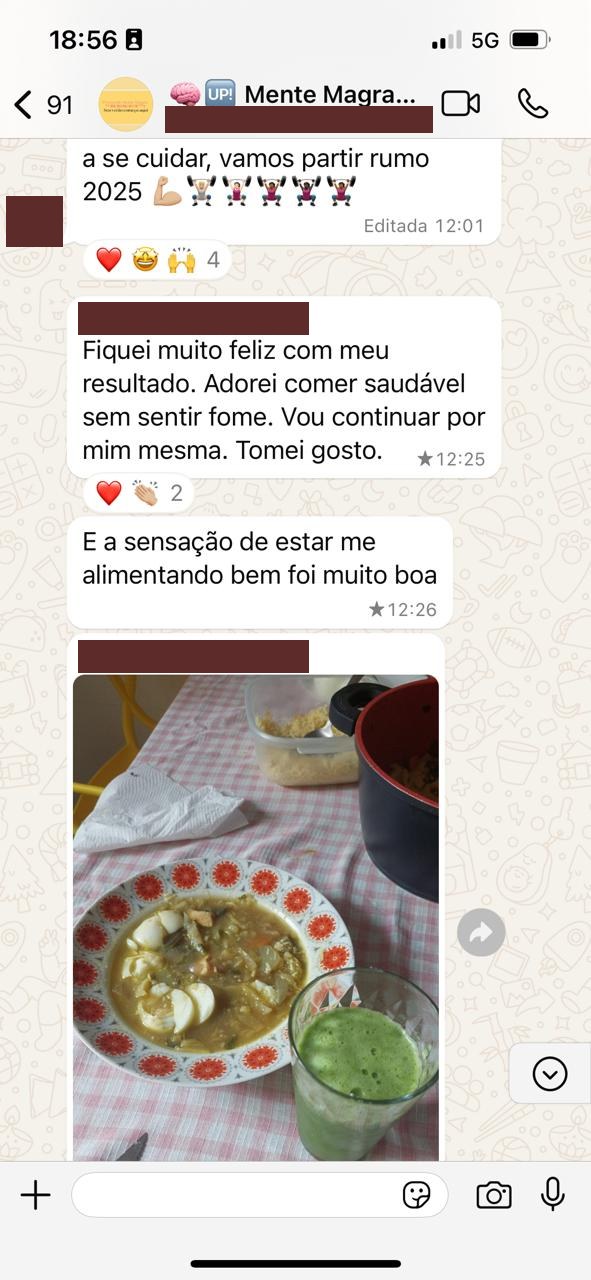 Mensagem no grupo Mente Magra: paciente feliz com o resultado e comendo saudável sem sentir fome